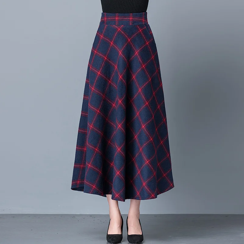 

Vintage Plaid Skirt Women 2021 Autumn Winter Woolen High-Waist A-Line Long Skirt Ladies All-Match